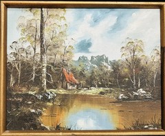 Mountain Cabin In The Woods By A Lake Original Oil Painting Elf Cottage Core
