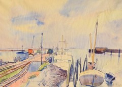 Willi Götzl 1907-1978 Villach/watercolor 1960 „Port of Langeoog“ North Sea