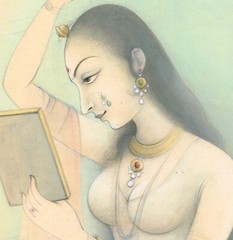 Hand Miniature Painting Of Rajput Queen Looking In To Mirror 8.5×11.5 Inches