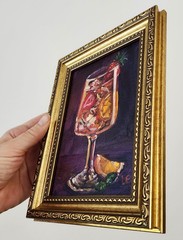 Strawberry Citrus Sangria Original Oil Painting Framed Cocktail Bar Art 5×7 OOAK