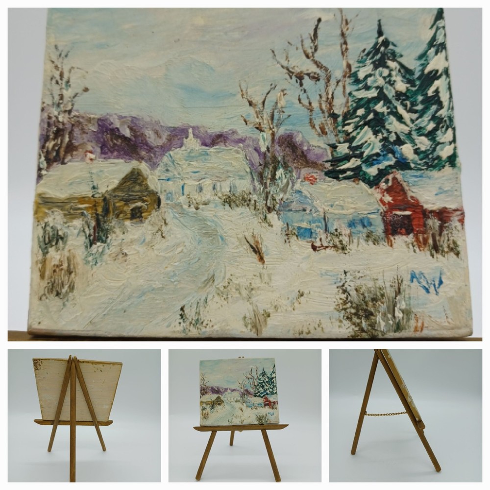 Vintage Miniature Winter Landscape Oil Painting on Wood and Wood Easel