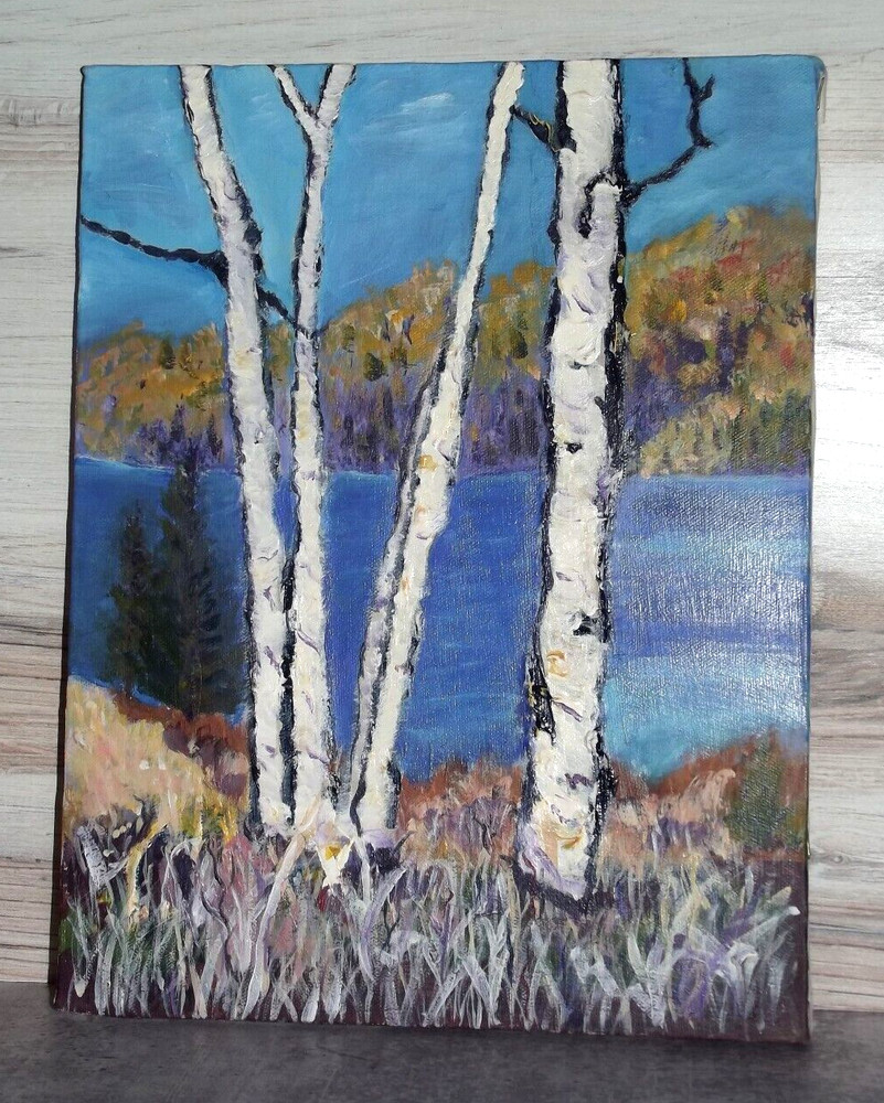 14×16″ Birch Trees By the Lake Acrylic Painting B93