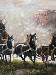 Vtg Stagecoach & Horses Oil Painting Signed Walter Framed & Matted 25×29 Western