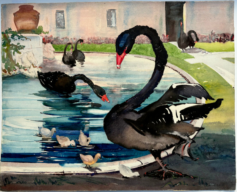 Black „Swans and Signets“-17 3/4 x 23 1/4 Watercolor Painting-1939-Clara Stroud