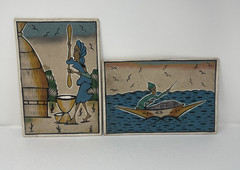 African Sand Art Vintage Wooden Picture Fishing Boat Village Mortar Unique Set 2