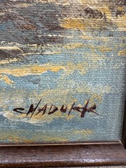 Vintage Oil Painting Rustic Flowers by Doorway Signed Chadwick in Wood Frame