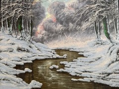 Mountain stream winter landscape Original Painting, Signed by Joseph Dande