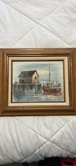 Vtg MCM Original Oil Painting Coastal Fishing Village Signed A Simpson Boat