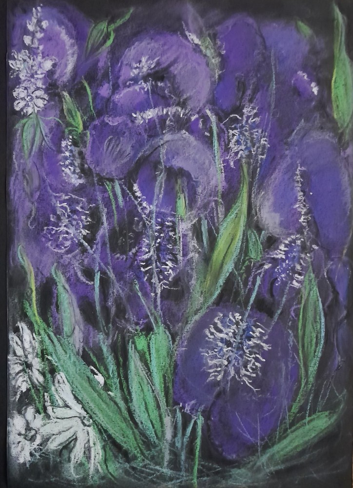 Original Purple Violet Iris White Daisy Art Dry Pastel Painting 8.3×11.4 in