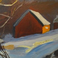 Mid Century Impressionism Winter Landscape Oil Painting House Barn Stream 24×18
