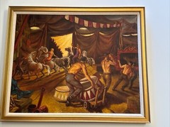 VINTAGE CIRCUS PAINTING WORKERS PERFORMERS 30 INCHES LISTED AMERICAN WPA STYLE