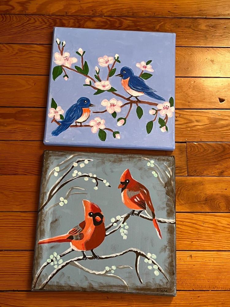 Lot of Original Blue Bird in Cherry Blossom Tree Branch & Red Cardinals in Pussy
