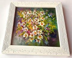 Bouquet Daisies Original Oil Painting Wildflowers Impasto Small Art 4×4 In OS