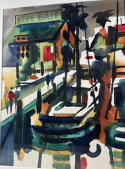 NOEL QUINN MODERNIST ABSTRACT HARBOR COASTLINE CALIFORNIA WATERCOLOR PAINTING
