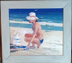 Oil on Board, Beach Scene, Unknown Artist,One of a Kind, Impasto style,