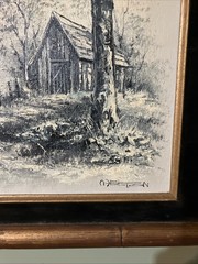 Melton Signed Oil Painting Canvas Country Cottage Forest Lake Water Cabin 20×16