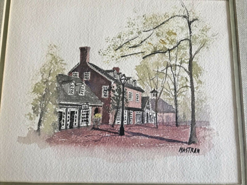 Townscape Landscape Watercolor Painting Framed Art Signed Mastran Brick Building