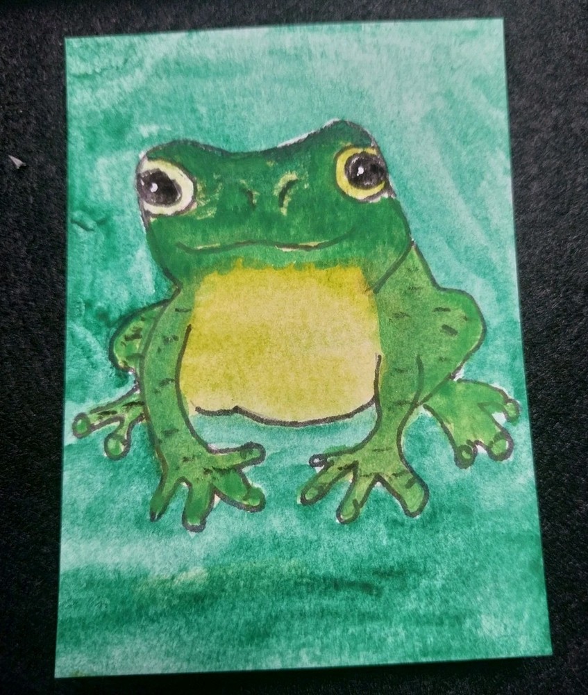ACEO Original Art Card ATC Watercolor Frog Water Animals 3.5X2.5 Painting GAT