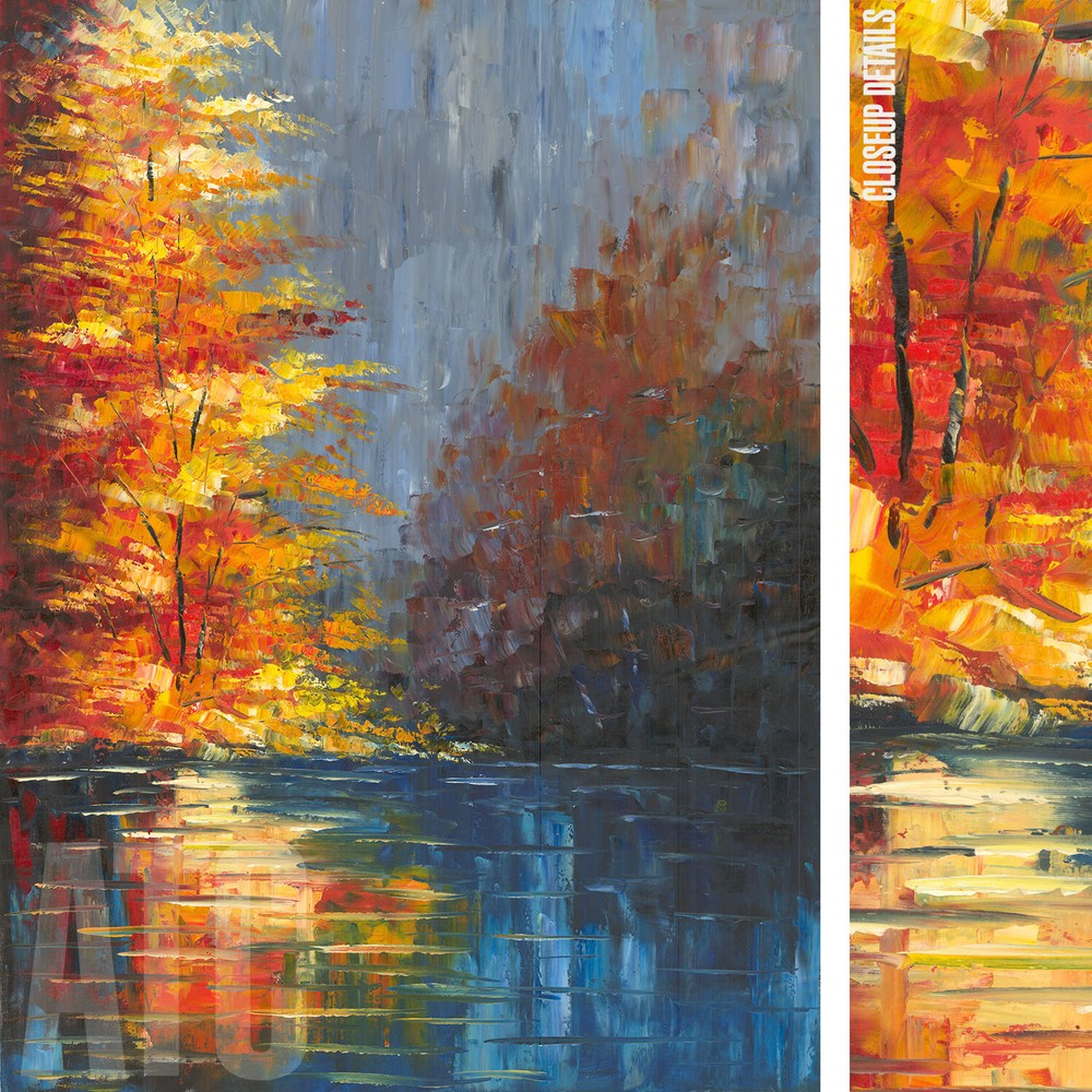 35W“x47H“ FALL TREE REFLECTIONS STRETCHED ORIGINAL OIL PAINTING CANVAS
