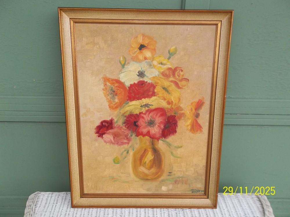 Vintage Mid Century Floral Still Life Oil Painting Signed Thelma Summers 70′