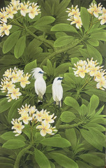 Vintage Original Oil Painting Still Life Birds In Habitat Flowers Trees Signed