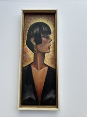 VINTAGE PAINTING PORTRAIT PRETTY WOMAN SHORT HAIR MODEL FASHION MYSTERY ARTIST