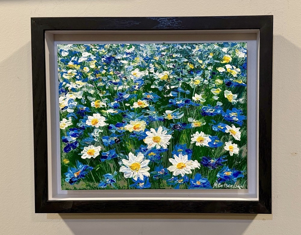 Original Painting Daisy Field Blue Wildflowers Impasto Floral Art Signed