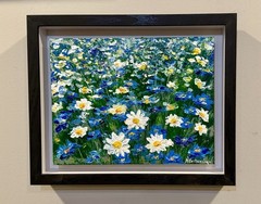 Original Painting Daisy Field Blue Wildflowers Impasto Floral Art Signed