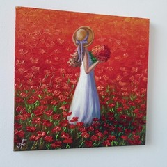 Original Oil Portrait Painting Woman Red Poppy Field Summer Canvas Art Romantic