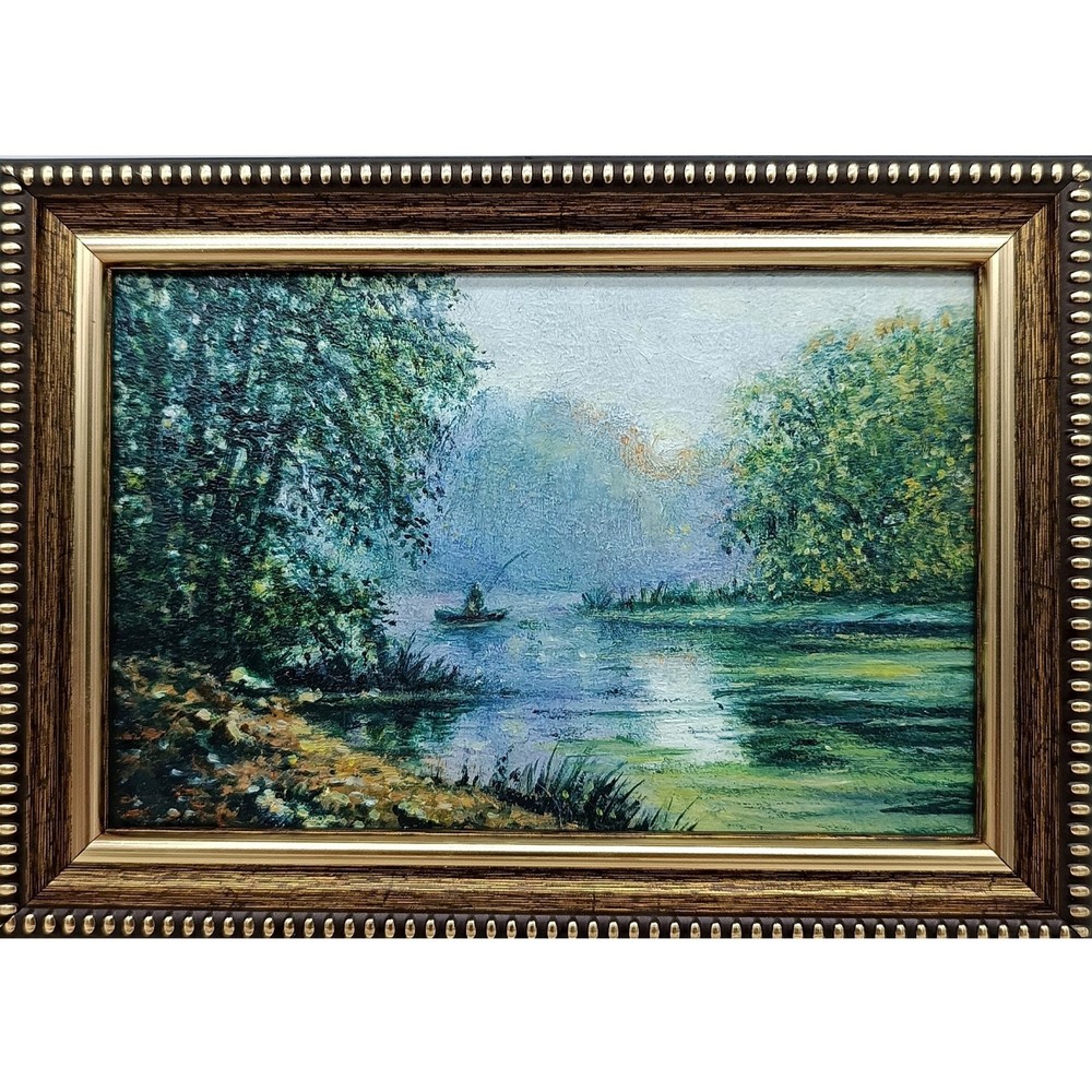 Fishing Boat Original Oil Painting 6×4 Framed Signed Lake River Landscape Art