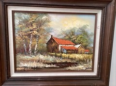 STRANGER COOPER. Vintage Painting on Canvas “ Family Farms “Framed
