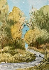 Pamela Wilhelm Watercolor 5”x7” Original Autumn Trees Opening to The Aqua Sky