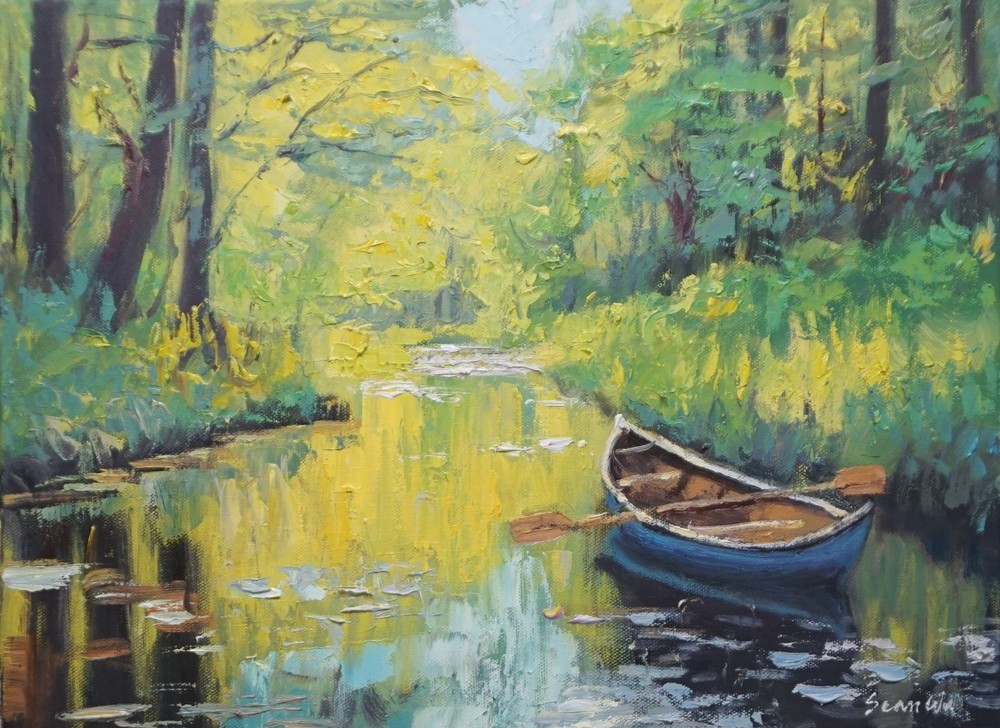 Sean Wu original oil painting, 12×16 on stretched canvas, boat in the pond