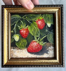 Original Oil Painting Landscape with Wild Strawberry Small Wall Art 4 x 4 in