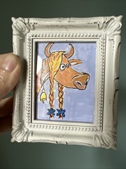 Funny Cow,whimsical ,funny,cute,original,miniature Painting,small,mini,framed