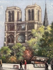 Antique Signed Castaing Oil Painting Animated View Notre Dame de Paris, Framed