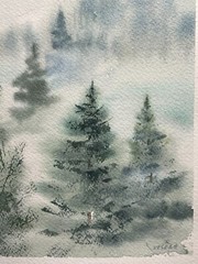 Original Watercolor Painting Landscape Nature Forest Fog Mist – 9×12 inches