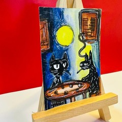 Black Cats Moonlight Night ACEO Original Abstract Folk Art Acrylic Painting OOAK