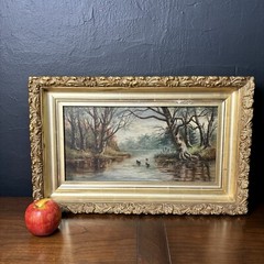 Antique 1800s Landscape Oil Painting DUCKS on POND Hudson River School Signed