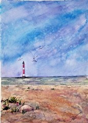 Morris Island, Charleston, Lighthouse, Beach, Ocean, IMPRESSIONIST, Watercolor