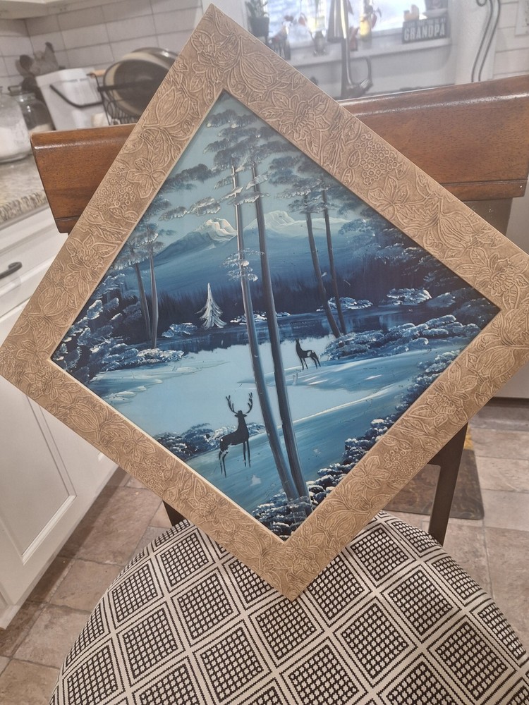 Vtg Art Painted Glass Winter Scene Of Deer In Snowy Forest Framed