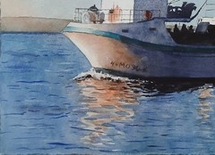Original Painting in Watercolor „Fishing Boat And Seagulls“ 16″x 12″