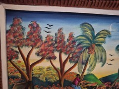 Vintage Haitian Folk Art Painting Signed A.J. Michel Hand Painted 26″ X 33″ EUC