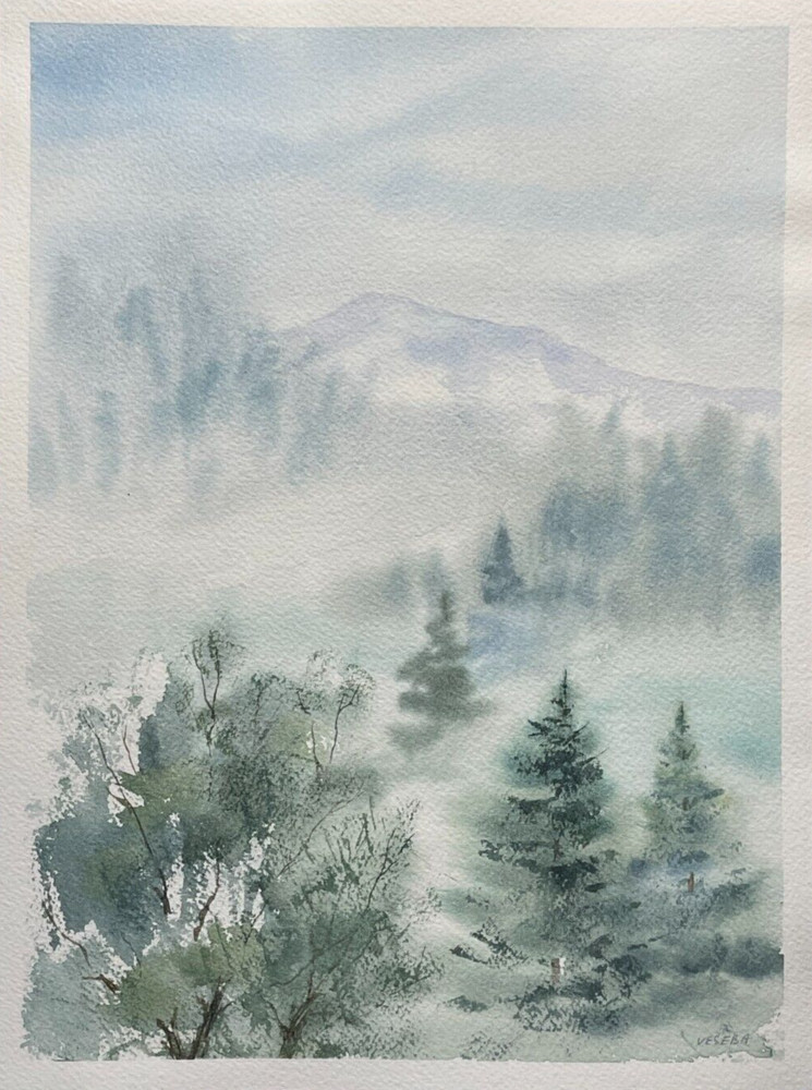 Original Watercolor Painting Landscape Nature Forest Fog Mist – 9×12 inches