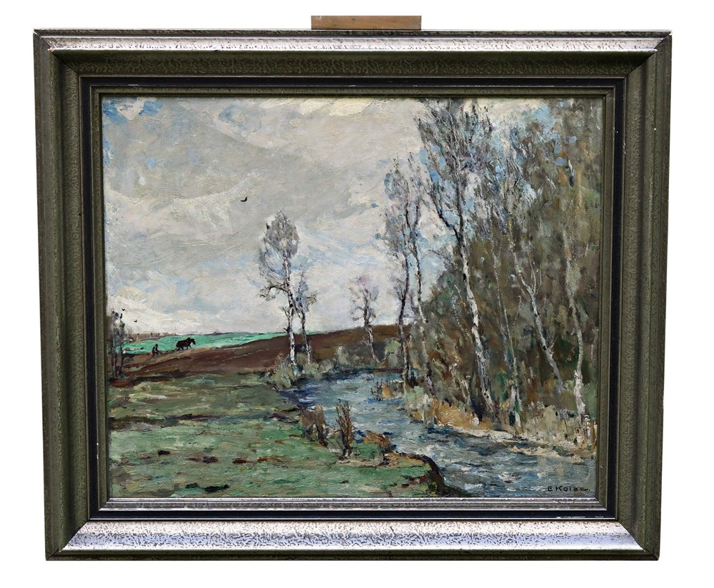 Ernst Kolbe Oil Painting Landscape With Creek Birches Horse Signed Framed