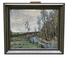 Ernst Kolbe Oil Painting Landscape With Creek Birches Horse Signed Framed