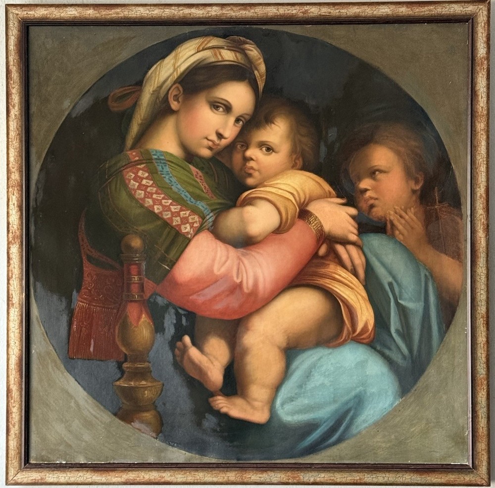 THE GREAT RAPHAEL 19TH C ANTIQUE MADONNA CHRIST CHILD OIL PAINTING OLD VINTAGE