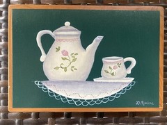 Signed Original Painting on Wood Teapot Teacup Doily Cottagecore Vintage 80s/90s