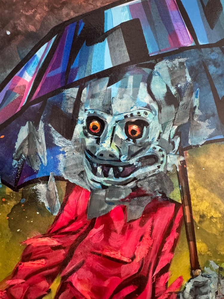 Weird Original Painting Boy Umbrella Urban Abstract Surrealism 40×30 Canvas