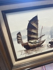 Vintage P. Wong Signed Sail Boats Oil Canvas Painting Hand Carved Frame